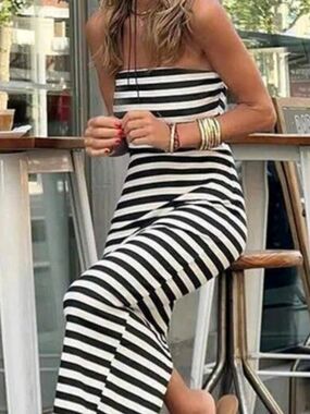 Striped Black & White Strapless Maxi